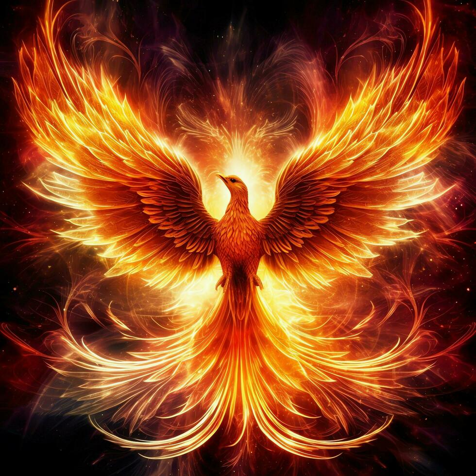 Phoenix bird with outstretched wings rising burning in flames. Epic phoenix bird fire rebirth power concept by AI Generated photo
