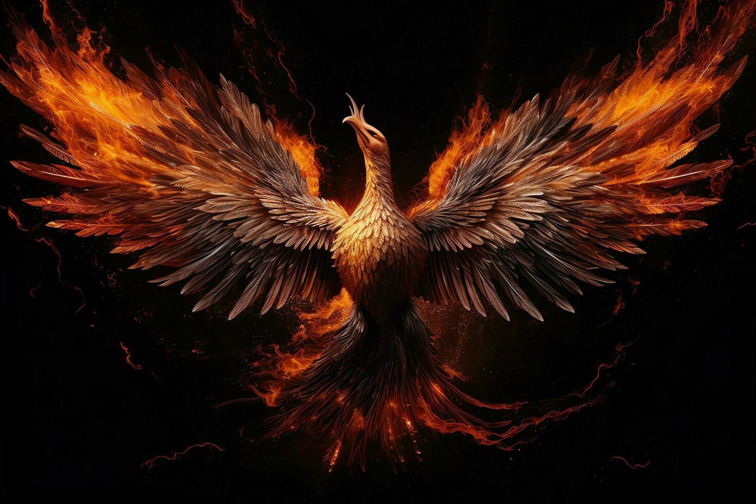 Phoenix bird with outstretched wings rising burning in flames. Epic phoenix bird fire rebirth power concept by AI Generated photo