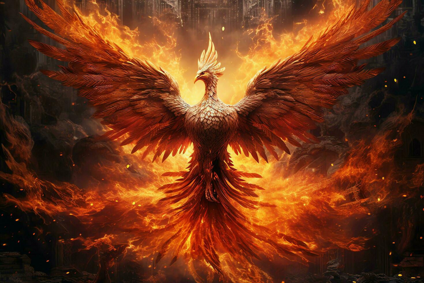 Phoenix bird with outstretched wings rising burning in flames. Epic phoenix bird fire rebirth power concept by AI Generated photo
