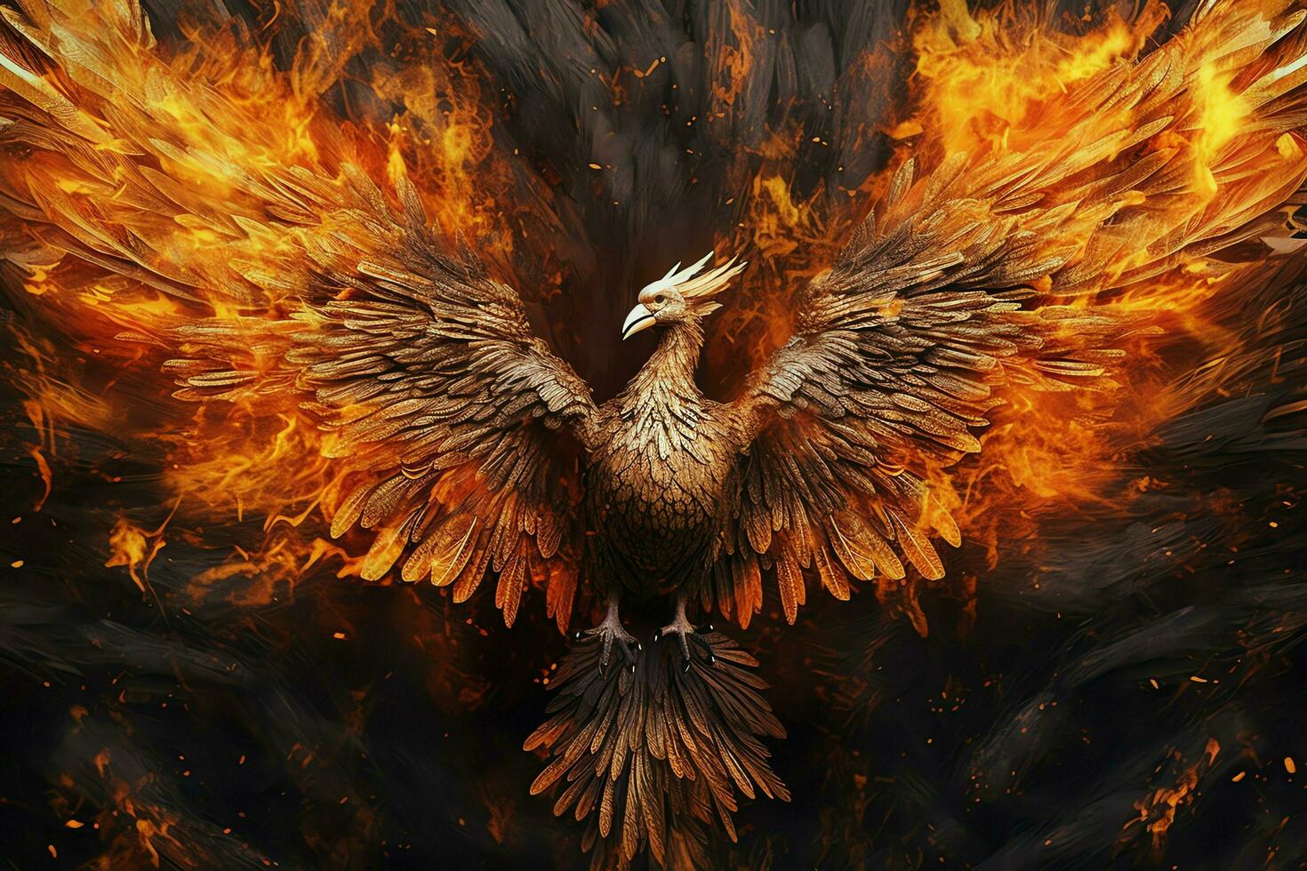 Phoenix bird with outstretched wings rising burning in flames. Epic phoenix bird fire rebirth power concept by AI Generated photo