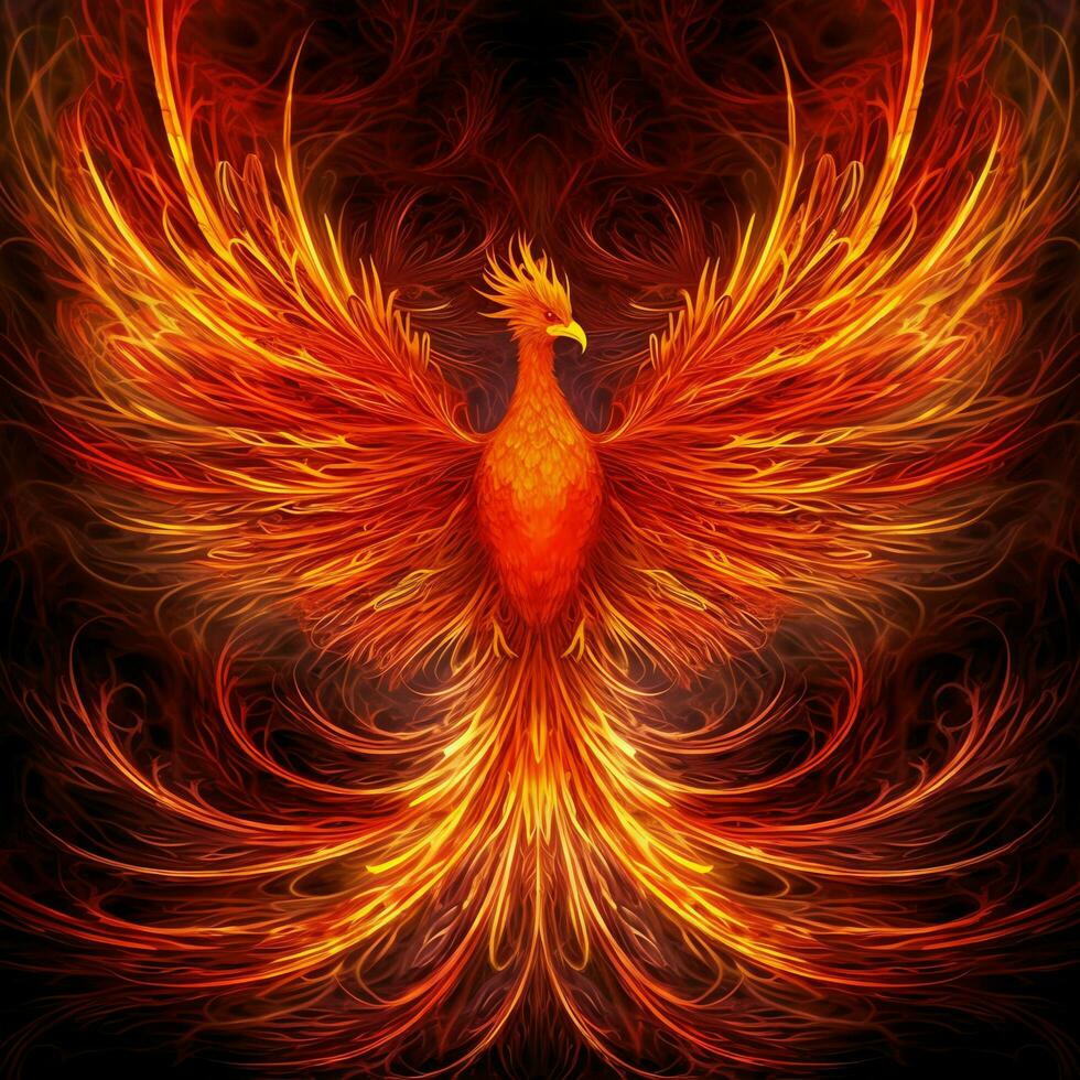 Phoenix bird with outstretched wings rising burning in flames. Epic phoenix bird fire rebirth power concept by AI Generated photo