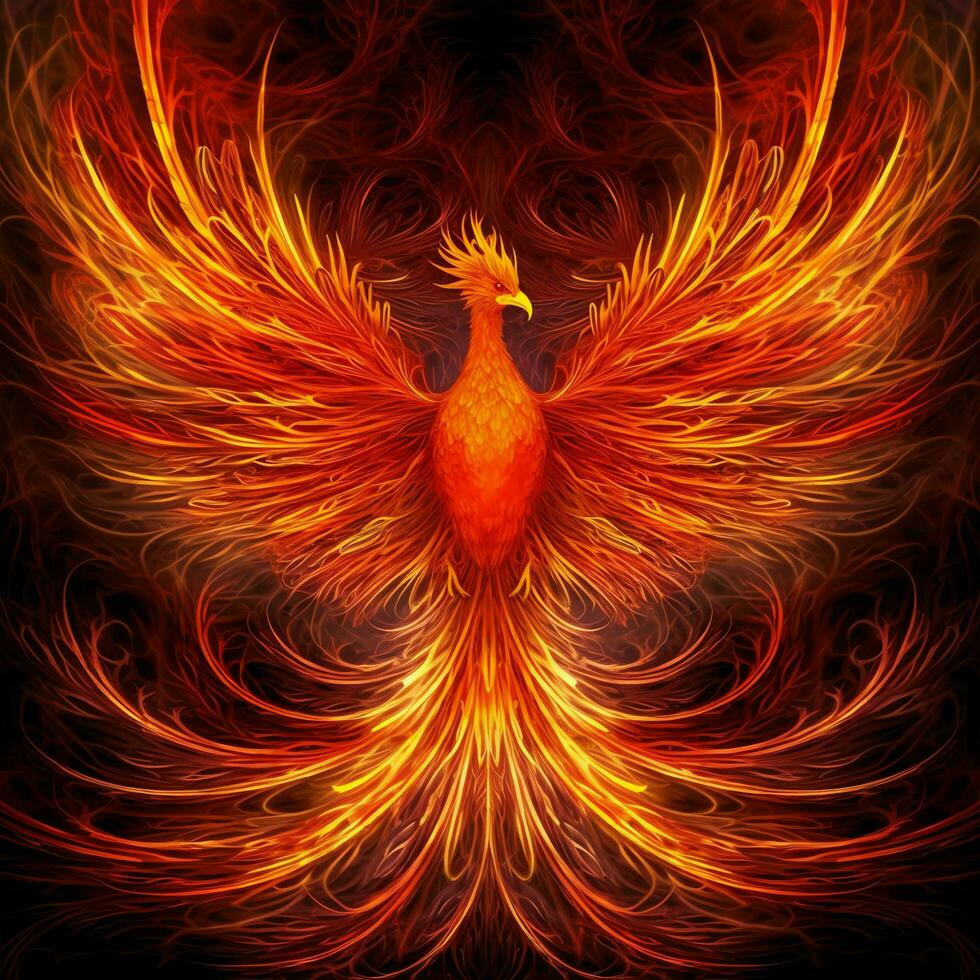 Phoenix bird with outstretched wings rising burning in flames. Epic phoenix bird fire rebirth power concept by AI Generated photo