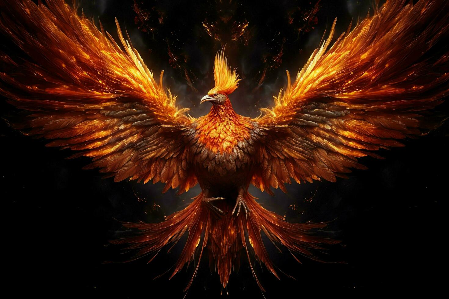 Phoenix bird with outstretched wings rising burning in flames. Epic phoenix bird fire rebirth power concept by AI Generated photo