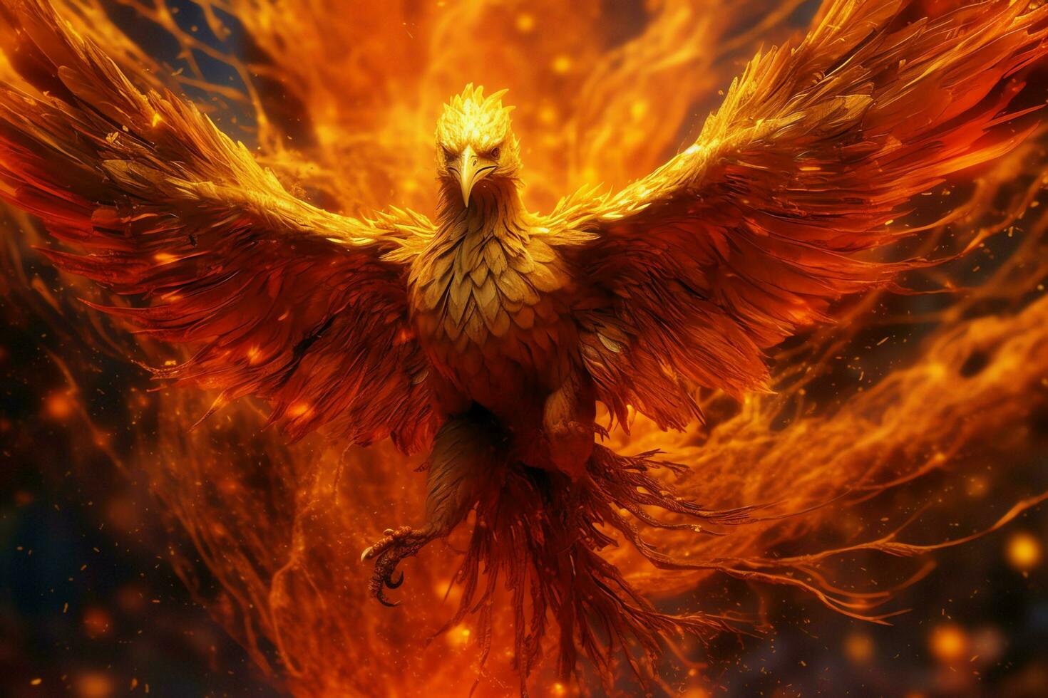 Phoenix bird with outstretched wings rising burning in flames. Epic phoenix bird fire rebirth power concept by AI Generated photo