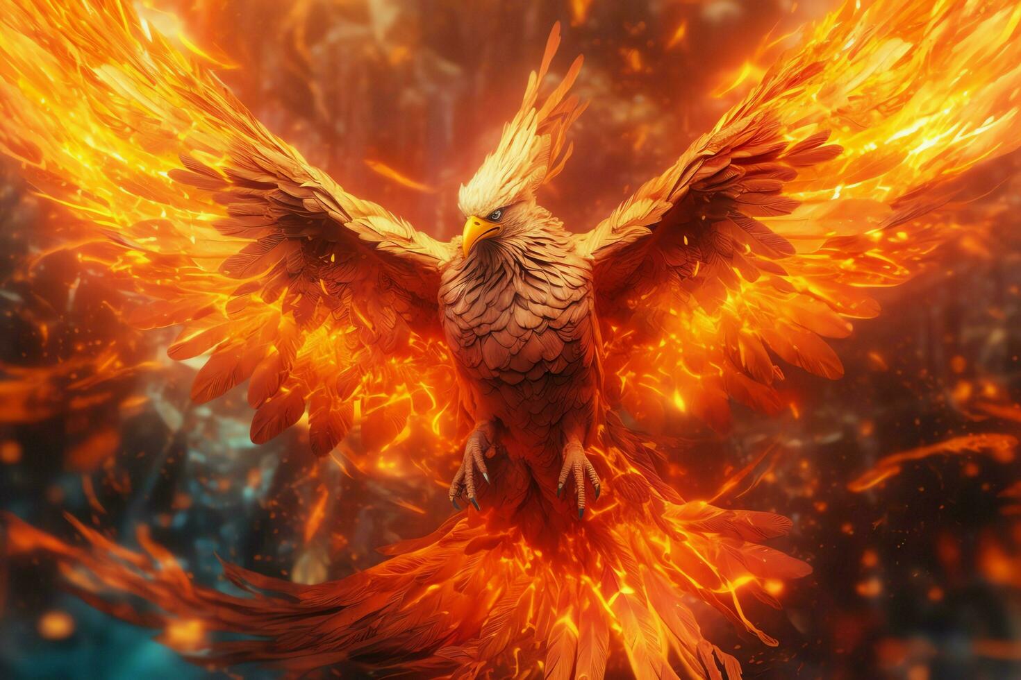 Phoenix bird with outstretched wings rising burning in flames. Epic phoenix bird fire rebirth power concept by AI Generated photo