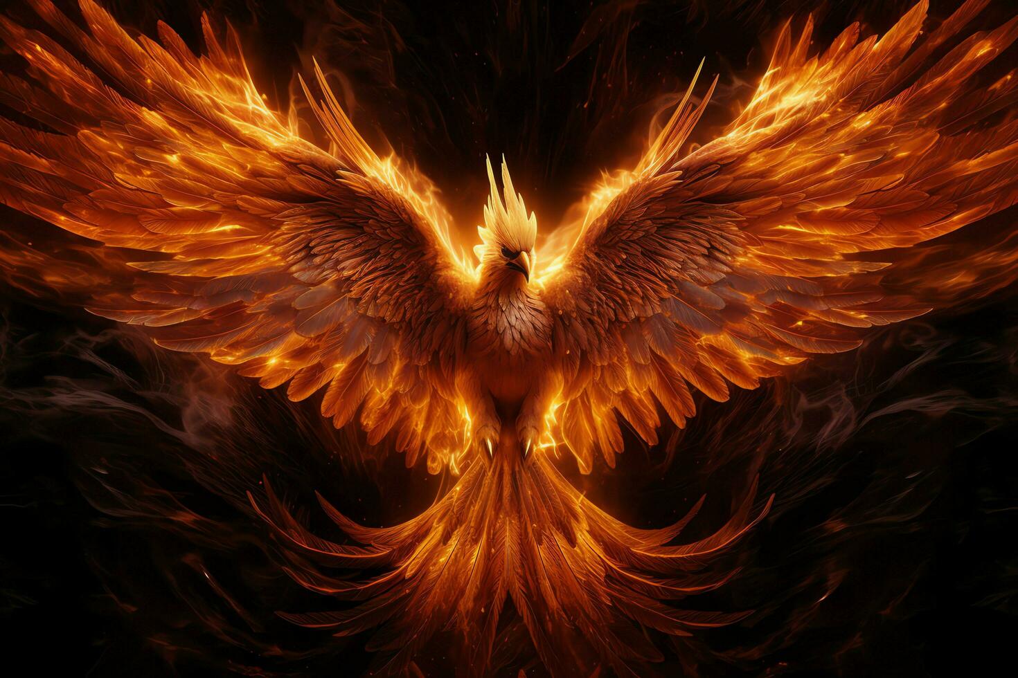 Phoenix bird with outstretched wings rising burning in flames. Epic phoenix bird fire rebirth power concept by AI Generated photo