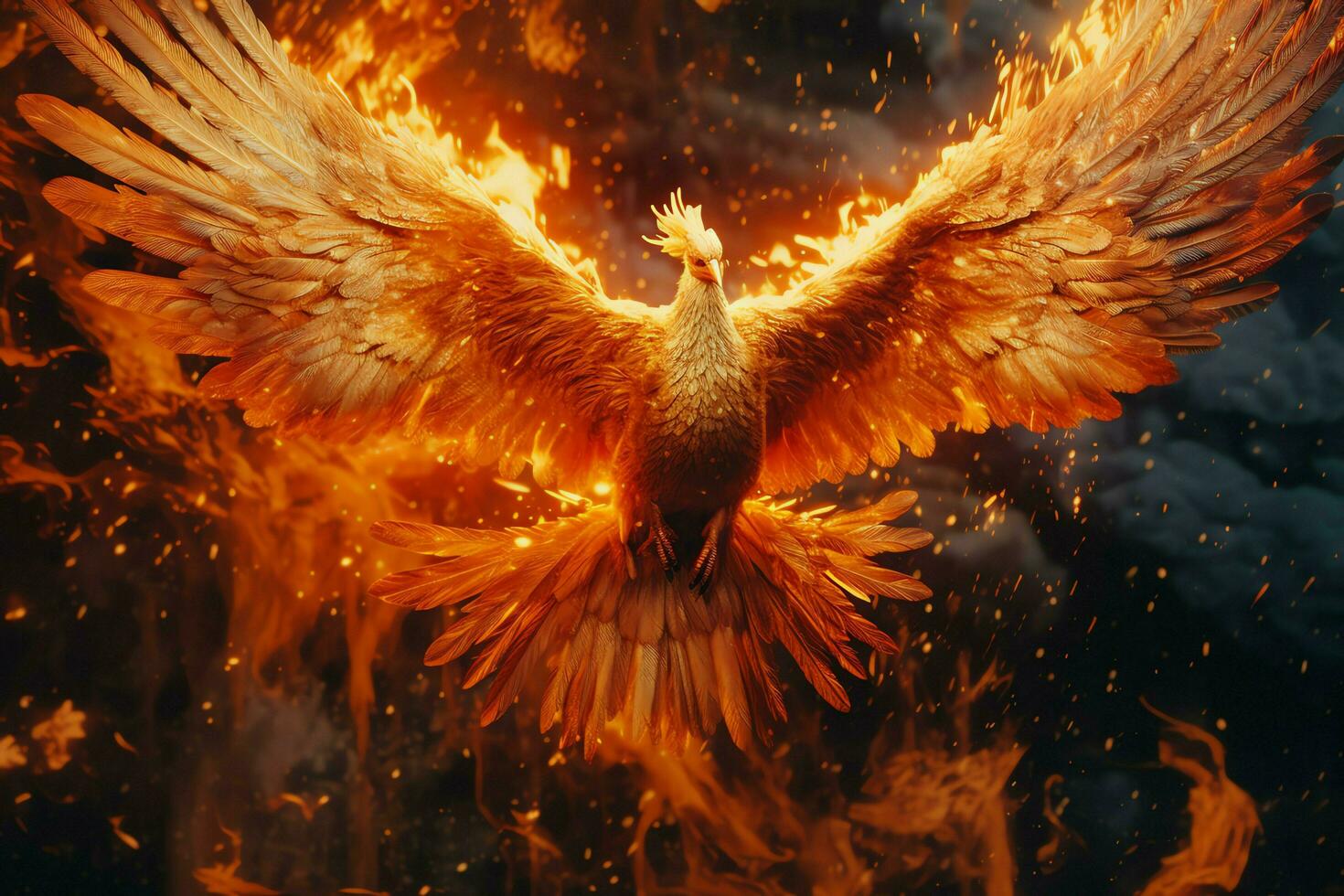 Phoenix bird with outstretched wings rising burning in flames. Epic phoenix bird fire rebirth power concept by AI Generated photo