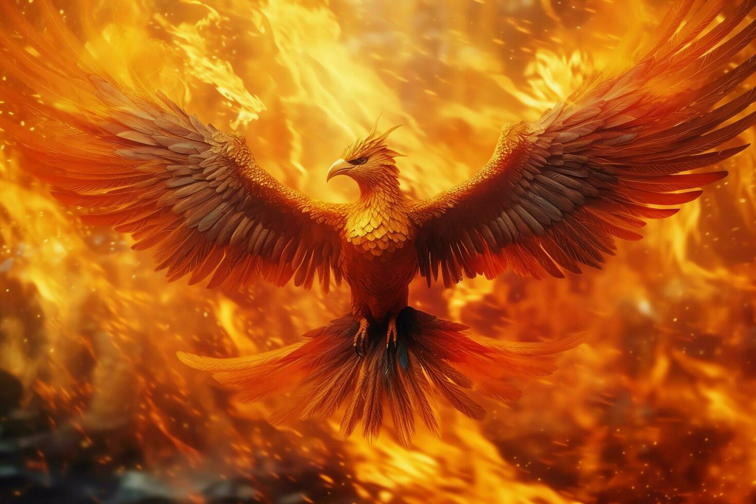 Phoenix bird with outstretched wings rising burning in flames. Epic phoenix bird fire rebirth power concept by AI Generated photo