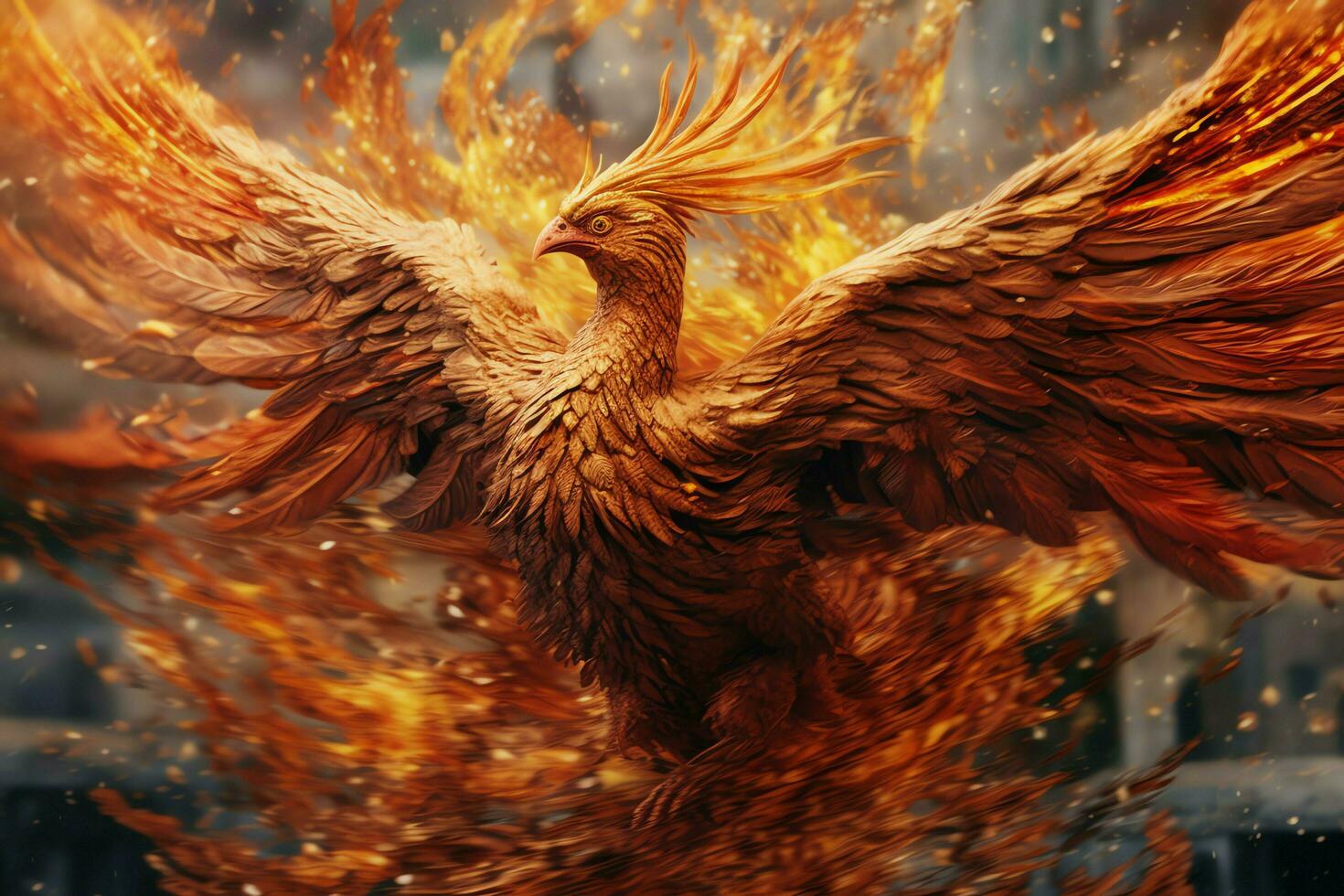 Phoenix bird with outstretched wings rising burning in flames. Epic phoenix bird fire rebirth power concept by AI Generated photo