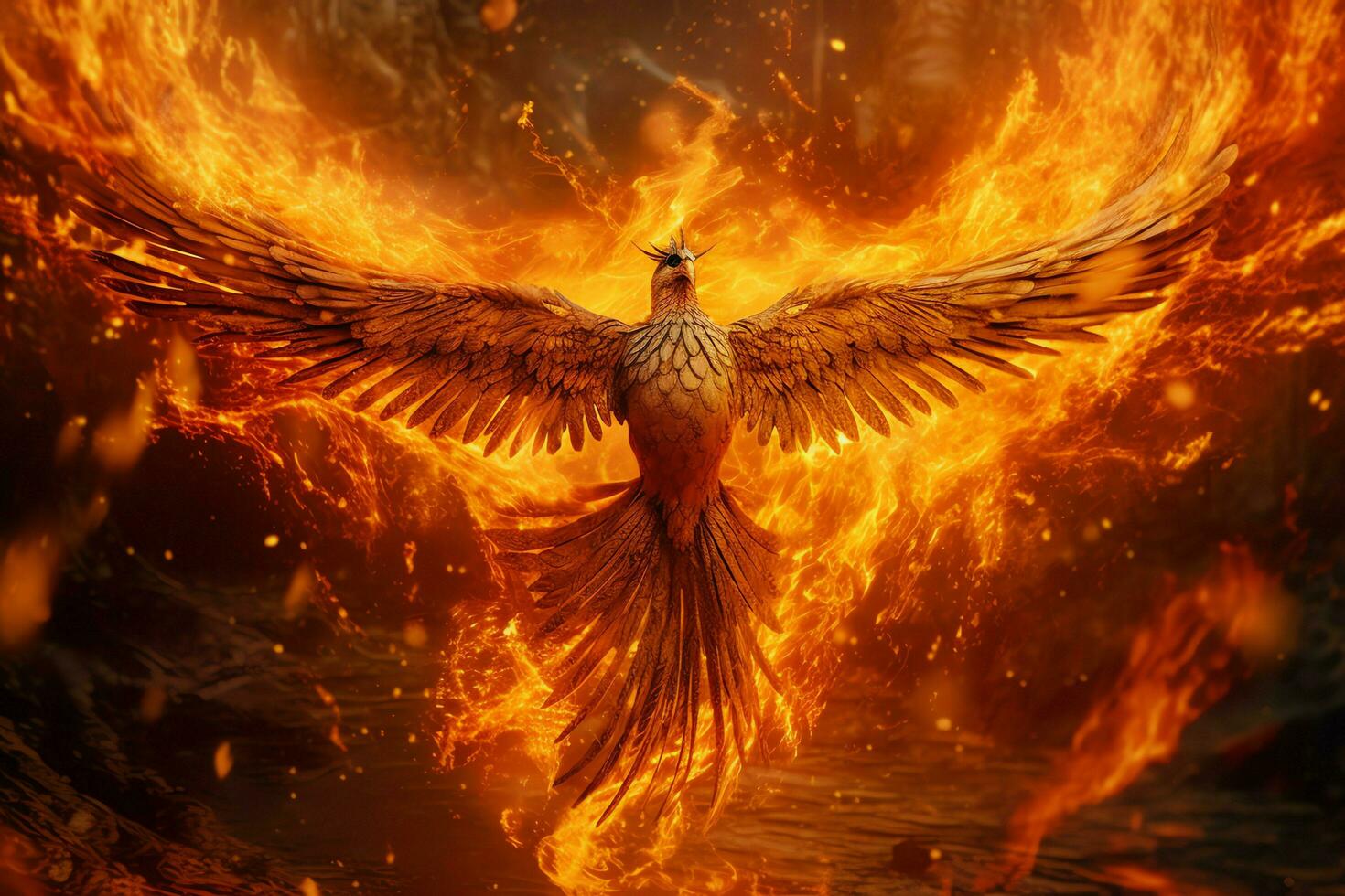 Phoenix bird with outstretched wings rising burning in flames. Epic phoenix bird fire rebirth power concept by AI Generated photo