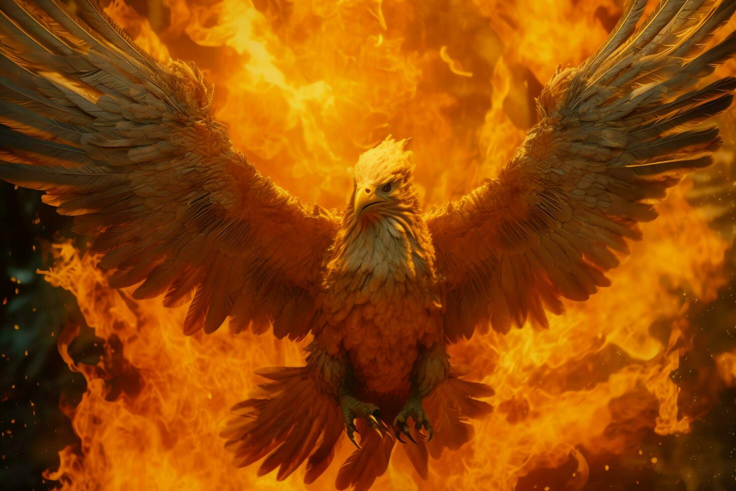 Phoenix bird with outstretched wings rising burning in flames. Epic phoenix bird fire rebirth power concept by AI Generated photo