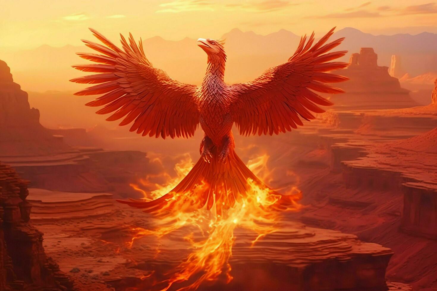 Phoenix bird with outstretched wings rising burning in flames. Epic phoenix bird fire rebirth power concept by AI Generated photo