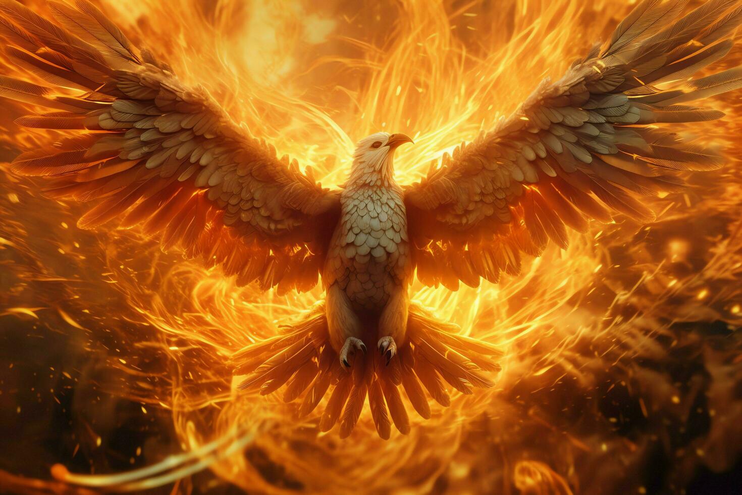 Phoenix bird with outstretched wings rising burning in flames. Epic phoenix bird fire rebirth power concept by AI Generated photo