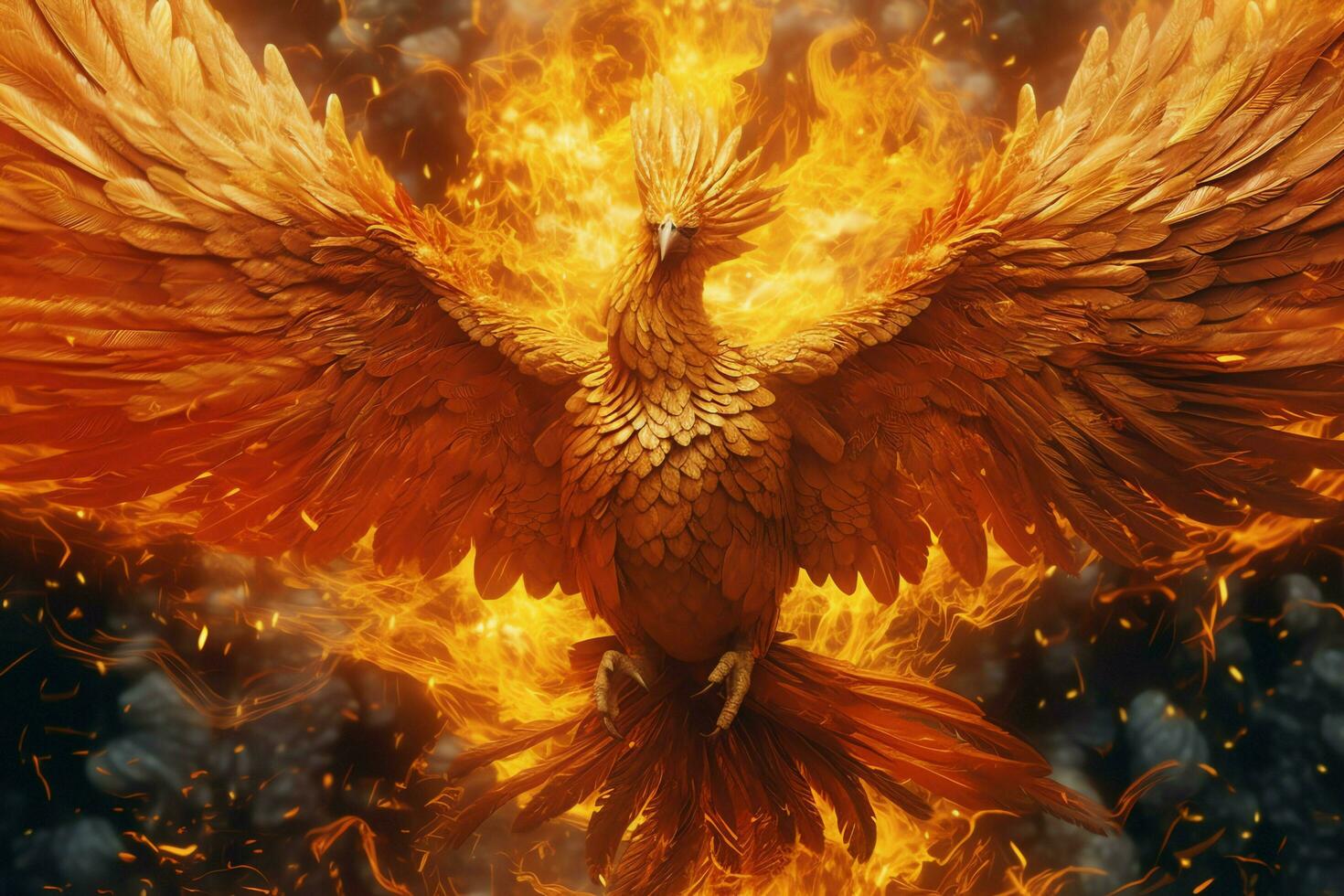 Phoenix bird with outstretched wings rising burning in flames. Epic phoenix bird fire rebirth power concept by AI Generated photo