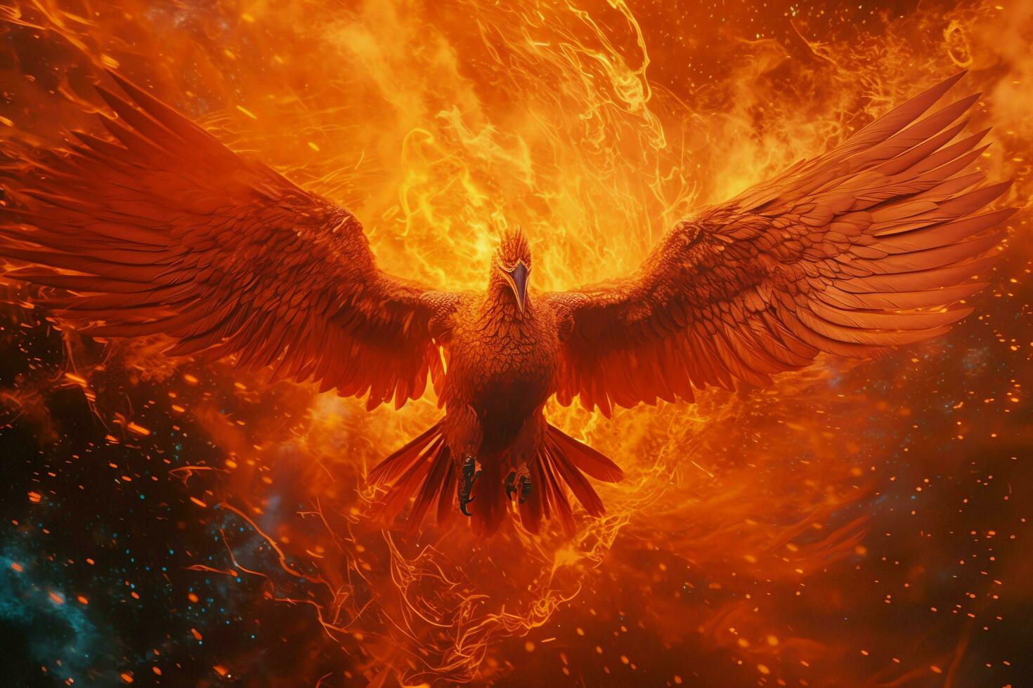 Phoenix bird with outstretched wings rising burning in flames. Epic phoenix bird fire rebirth power concept by AI Generated photo