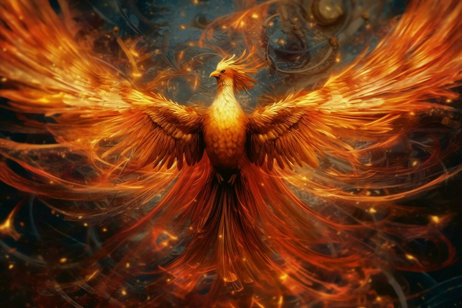 Phoenix bird with outstretched wings rising burning in flames. Epic phoenix bird fire rebirth power concept by AI Generated photo