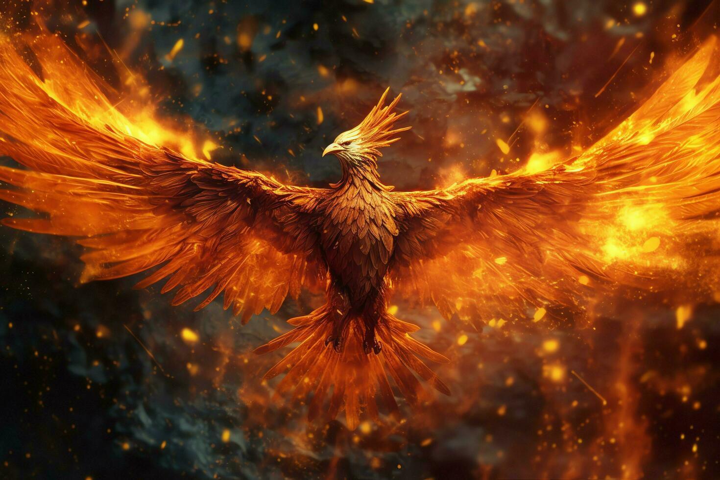 Phoenix bird with outstretched wings rising burning in flames. Epic phoenix bird fire rebirth power concept by AI Generated photo