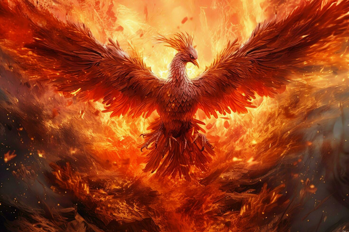 Phoenix bird with outstretched wings rising burning in flames. Epic phoenix bird fire rebirth power concept by AI Generated photo