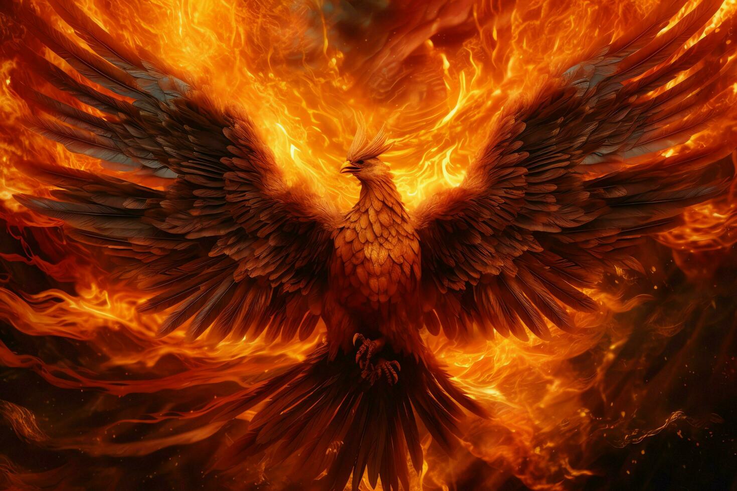 Phoenix bird with outstretched wings rising burning in flames. Epic phoenix bird fire rebirth power concept by AI Generated photo