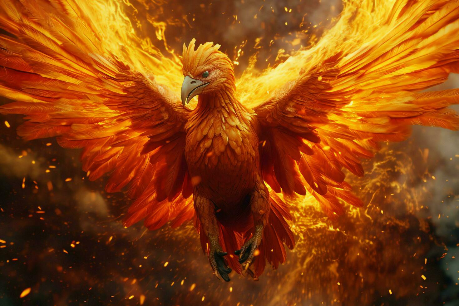 Phoenix bird with outstretched wings rising burning in flames. Epic phoenix bird fire rebirth power concept by AI Generated photo