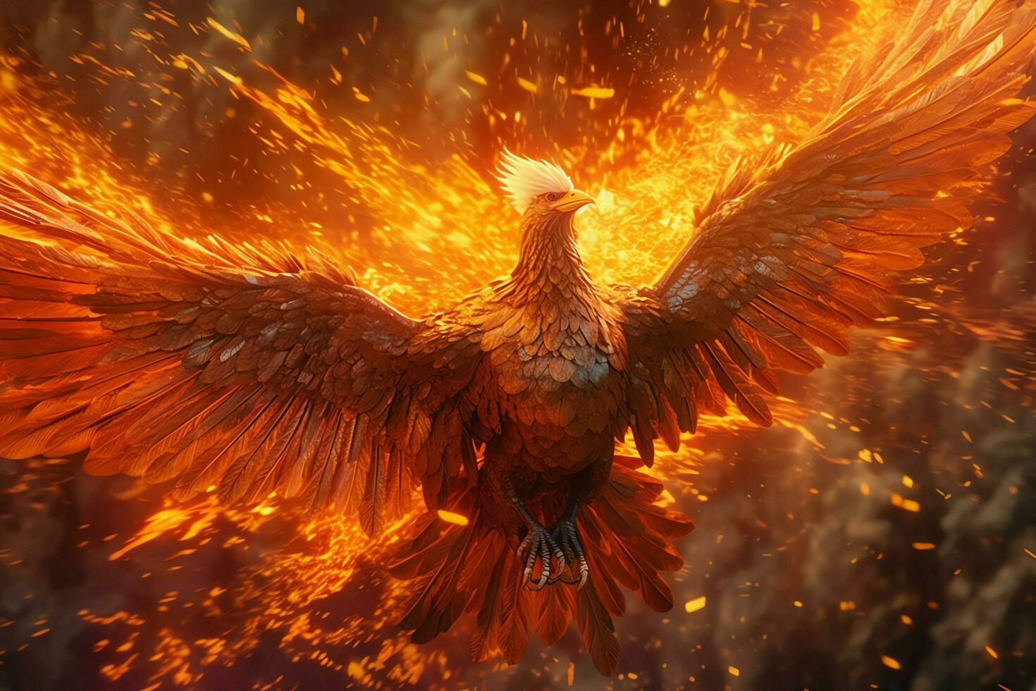 Phoenix bird with outstretched wings rising burning in flames. Epic phoenix bird fire rebirth power concept by AI Generated photo
