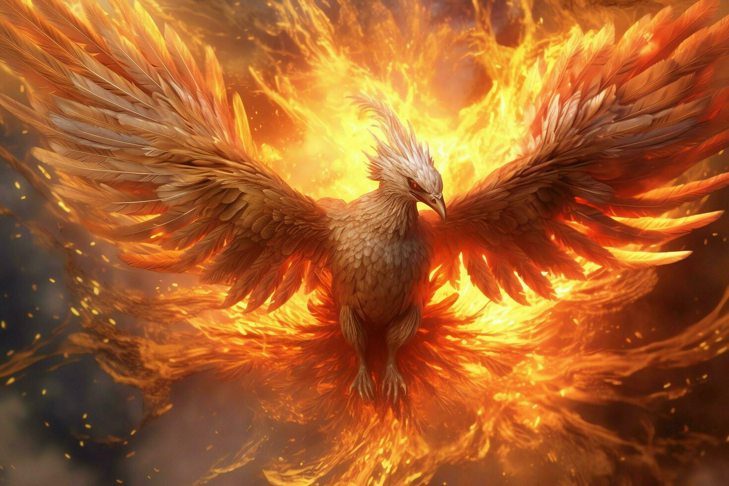 Phoenix bird with outstretched wings rising burning in flames. Epic phoenix bird fire rebirth power concept by AI Generated photo