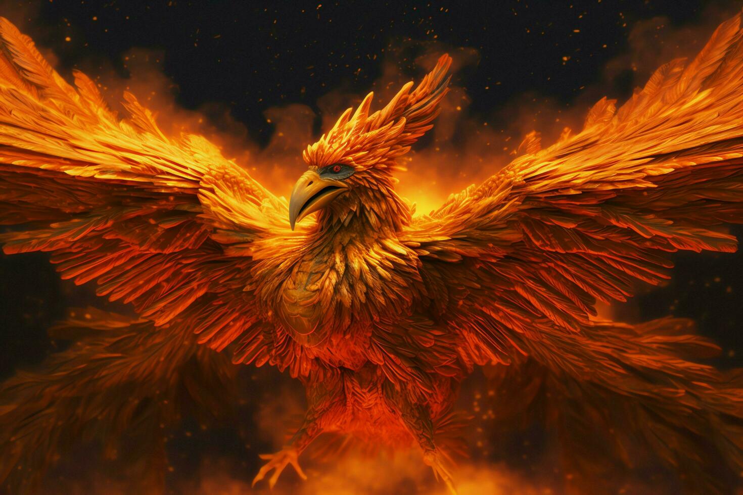 Phoenix bird with outstretched wings rising burning in flames. Epic phoenix bird fire rebirth power concept by AI Generated photo