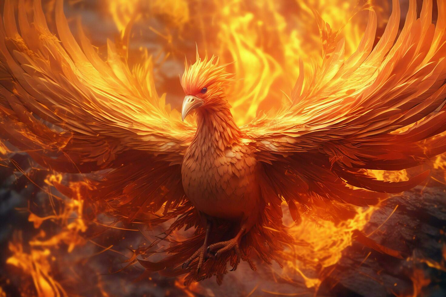 Phoenix bird with outstretched wings rising burning in flames. Epic phoenix bird fire rebirth power concept by AI Generated photo