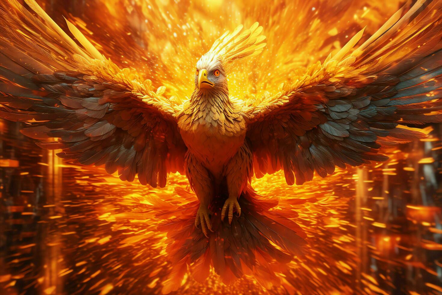 Phoenix bird with outstretched wings rising burning in flames. Epic phoenix bird fire rebirth power concept by AI Generated photo