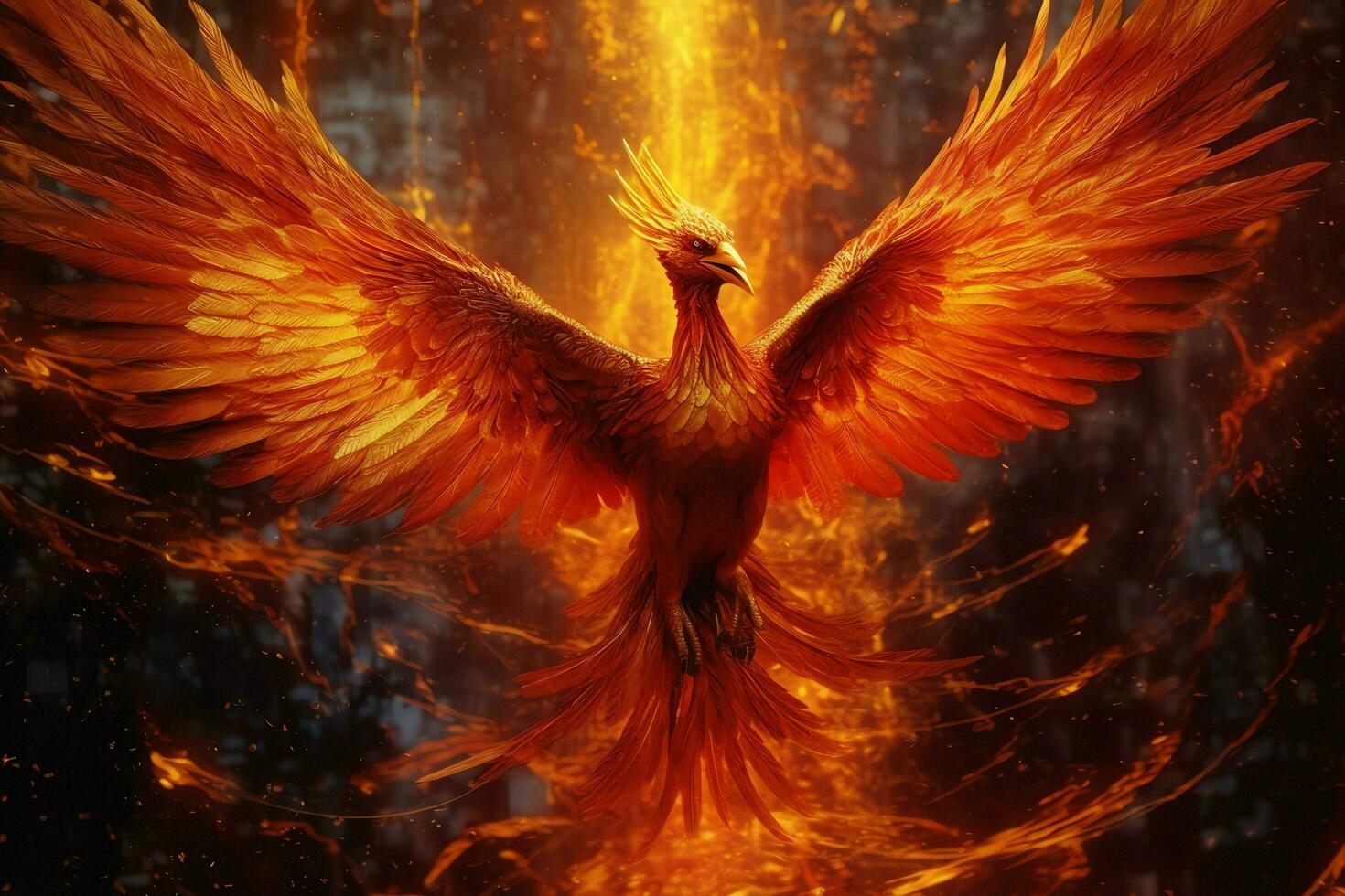 Phoenix bird with outstretched wings rising burning in flames. Epic phoenix bird fire rebirth power concept by AI Generated photo
