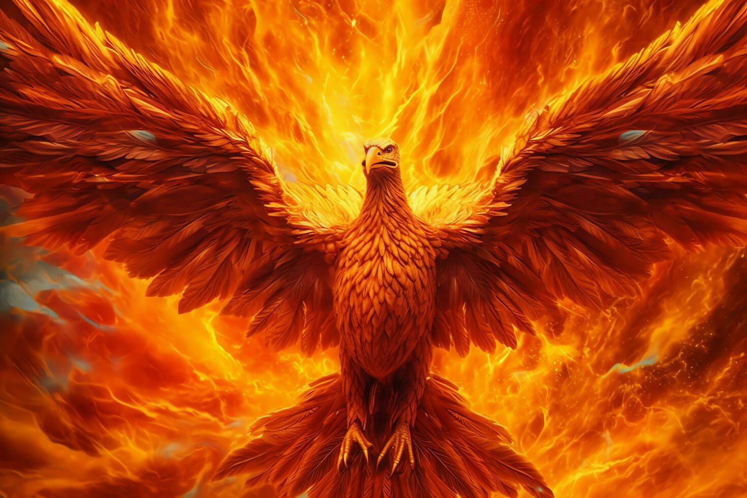 Phoenix bird with outstretched wings rising burning in flames. Epic phoenix bird fire rebirth power concept by AI Generated photo