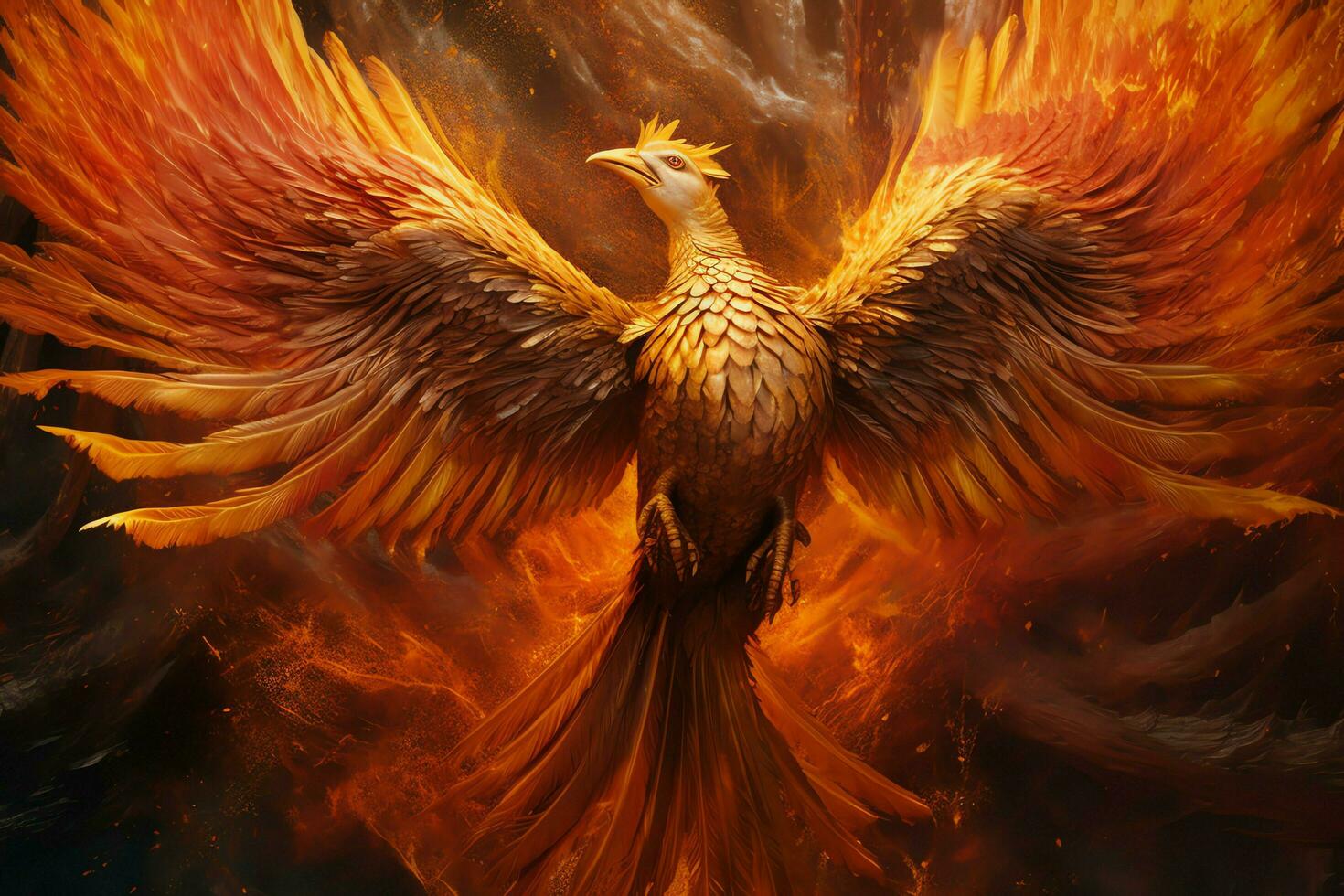 Phoenix bird with outstretched wings rising burning in flames. Epic phoenix bird fire rebirth power concept by AI Generated photo