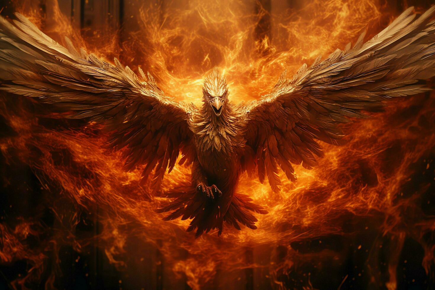 Phoenix bird with outstretched wings rising burning in flames. Epic phoenix bird fire rebirth power concept by AI Generated photo