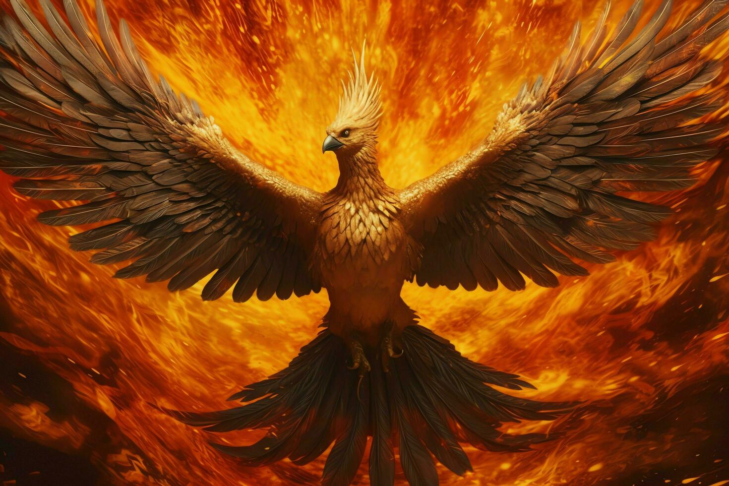 Phoenix bird with outstretched wings rising burning in flames. Epic phoenix bird fire rebirth power concept by AI Generated photo