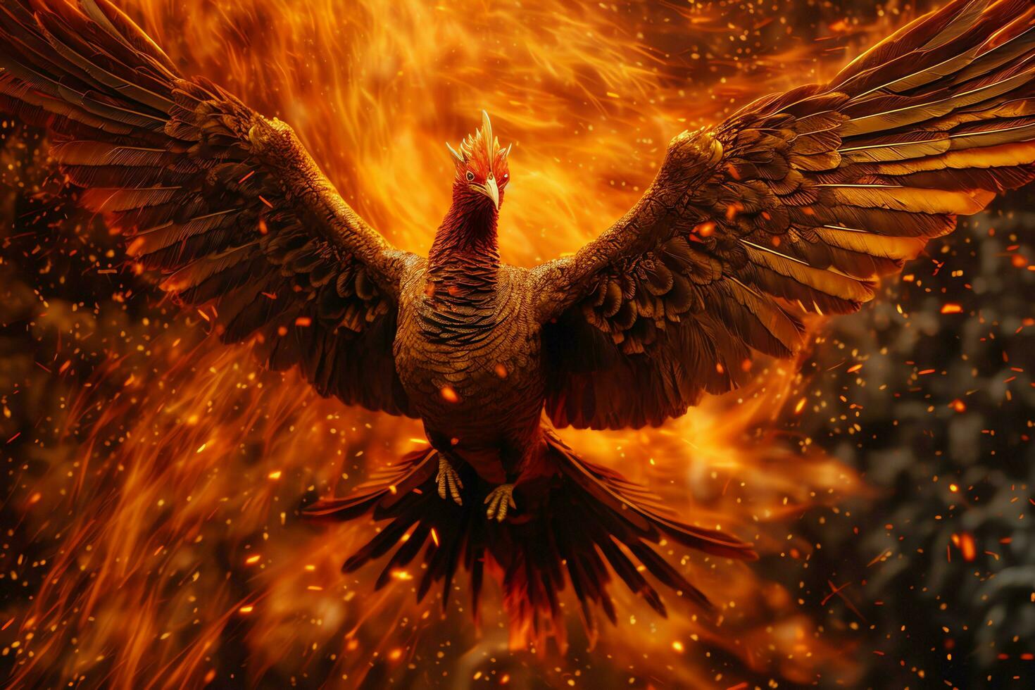 Phoenix bird with outstretched wings rising burning in flames. Epic phoenix bird fire rebirth power concept by AI Generated photo