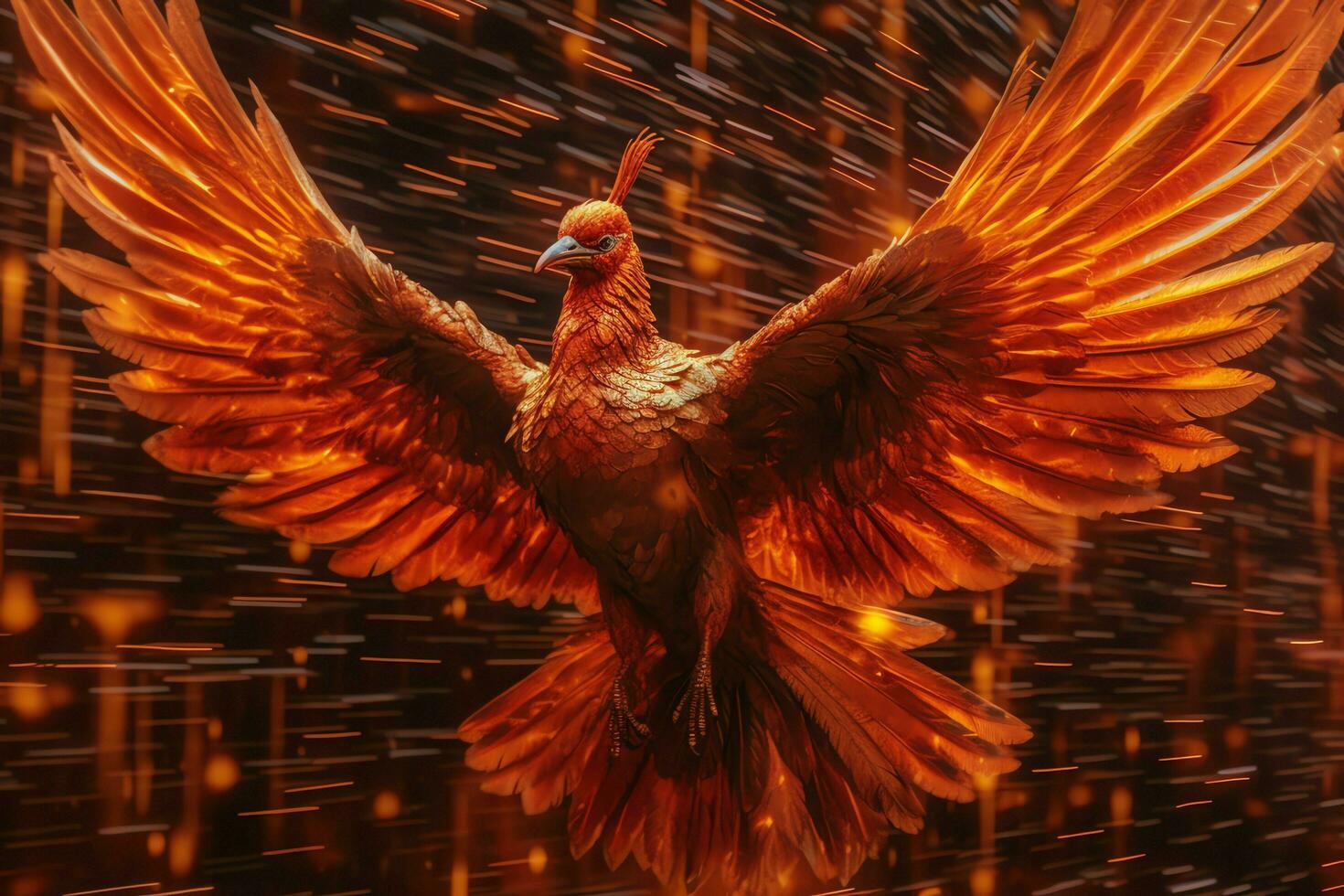Phoenix bird with outstretched wings rising burning in flames. Epic phoenix bird fire rebirth power concept by AI Generated photo