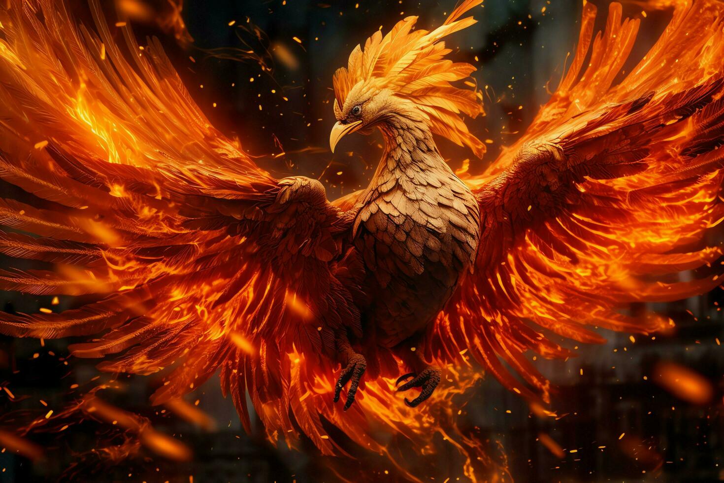 Phoenix bird with outstretched wings rising burning in flames. Epic phoenix bird fire rebirth power concept by AI Generated photo