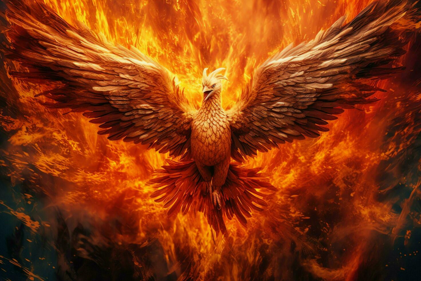 Phoenix bird with outstretched wings rising burning in flames. Epic phoenix bird fire rebirth power concept by AI Generated photo