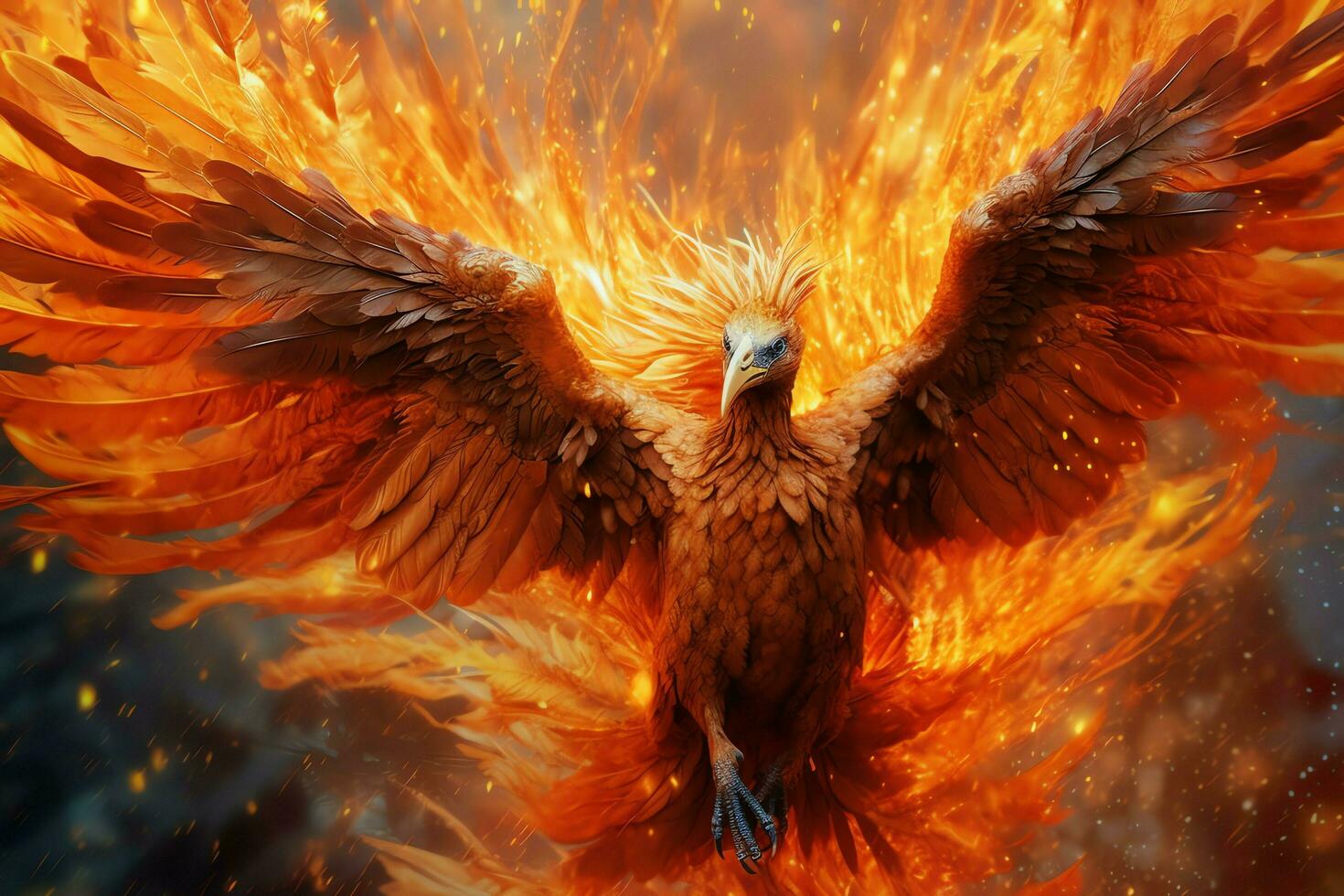 Phoenix bird with outstretched wings rising burning in flames. Epic phoenix bird fire rebirth power concept by AI Generated photo