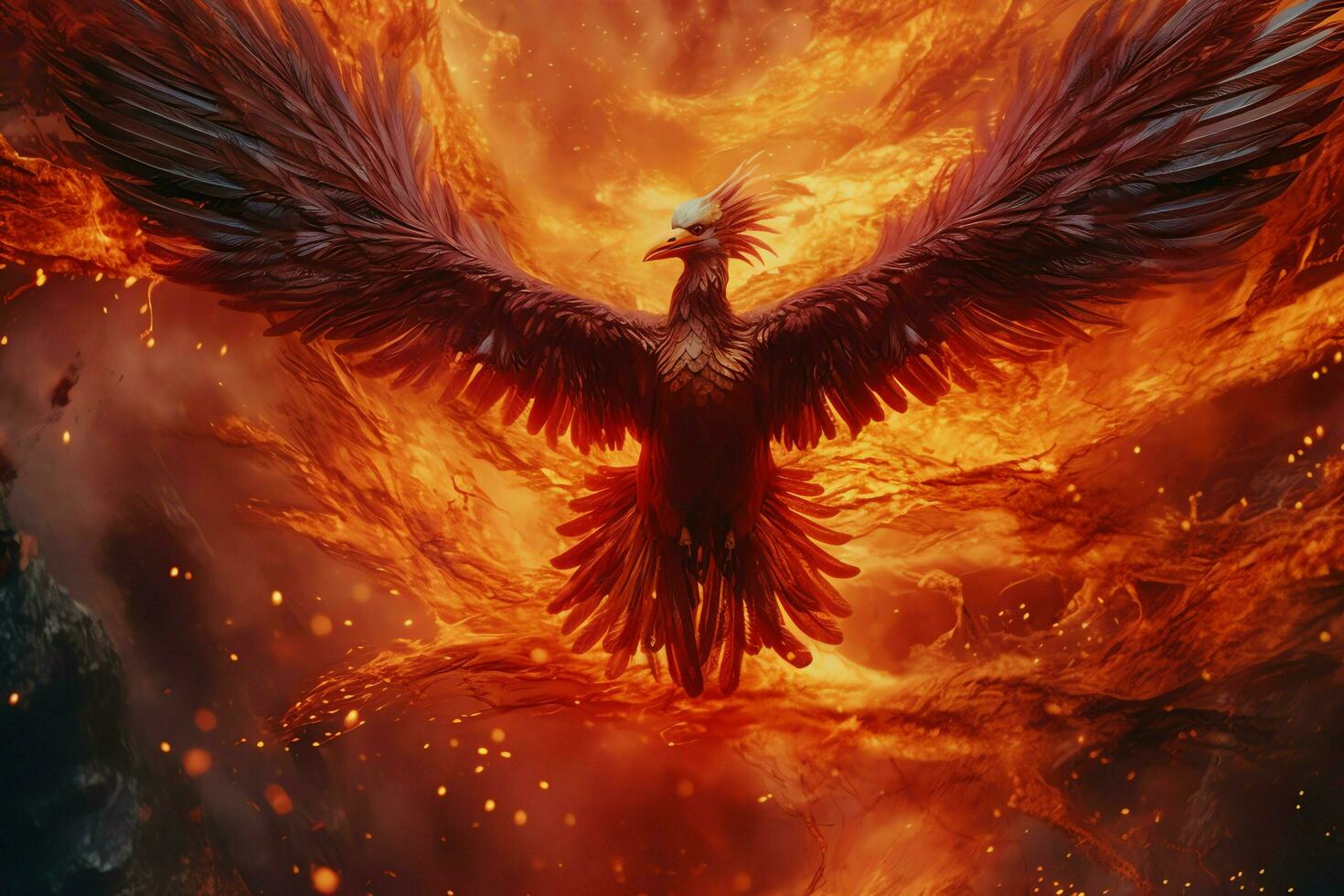 Phoenix bird with outstretched wings rising burning in flames. Epic phoenix bird fire rebirth power concept by AI Generated photo