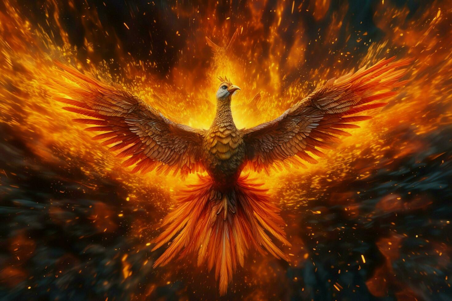 Phoenix bird with outstretched wings rising burning in flames. Epic phoenix bird fire rebirth power concept by AI Generated photo