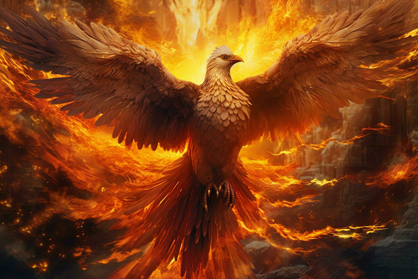 Phoenix bird with outstretched wings rising burning in flames. Epic phoenix bird fire rebirth power concept by AI Generated photo