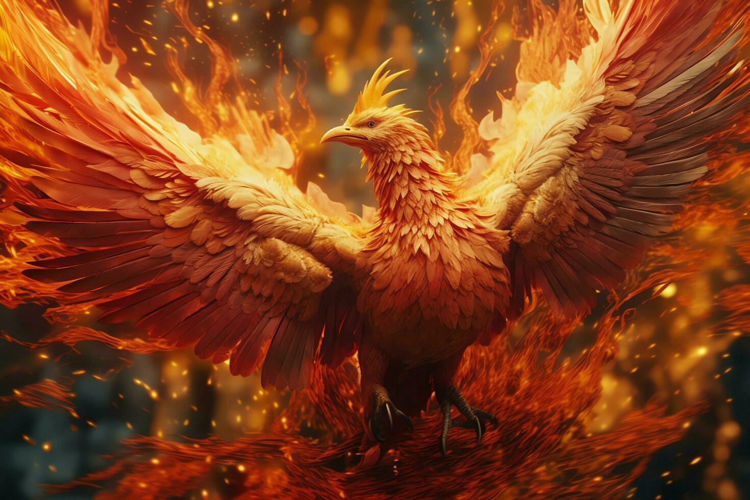 Phoenix bird with outstretched wings rising burning in flames. Epic phoenix bird fire rebirth power concept by AI Generated photo