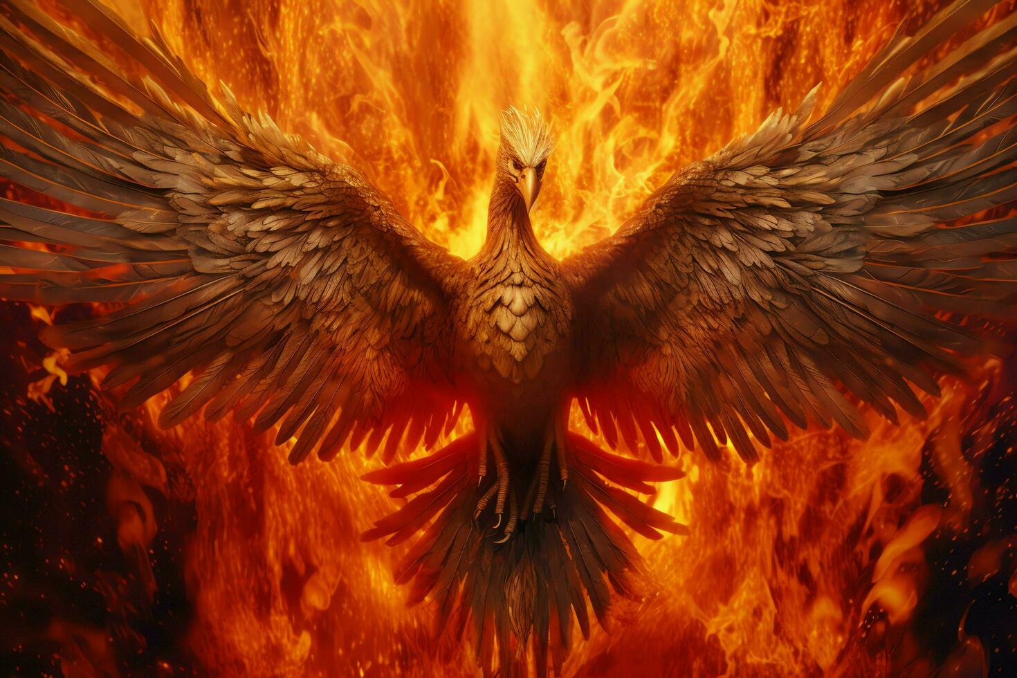 Phoenix bird with outstretched wings rising burning in flames. Epic phoenix bird fire rebirth power concept by AI Generated photo