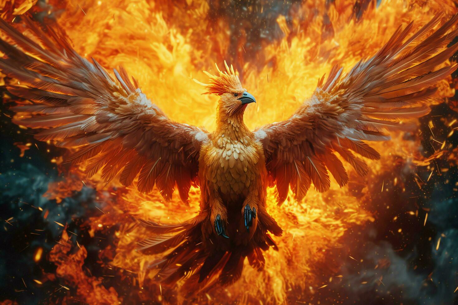 Phoenix bird with outstretched wings rising burning in flames. Epic phoenix bird fire rebirth power concept by AI Generated photo