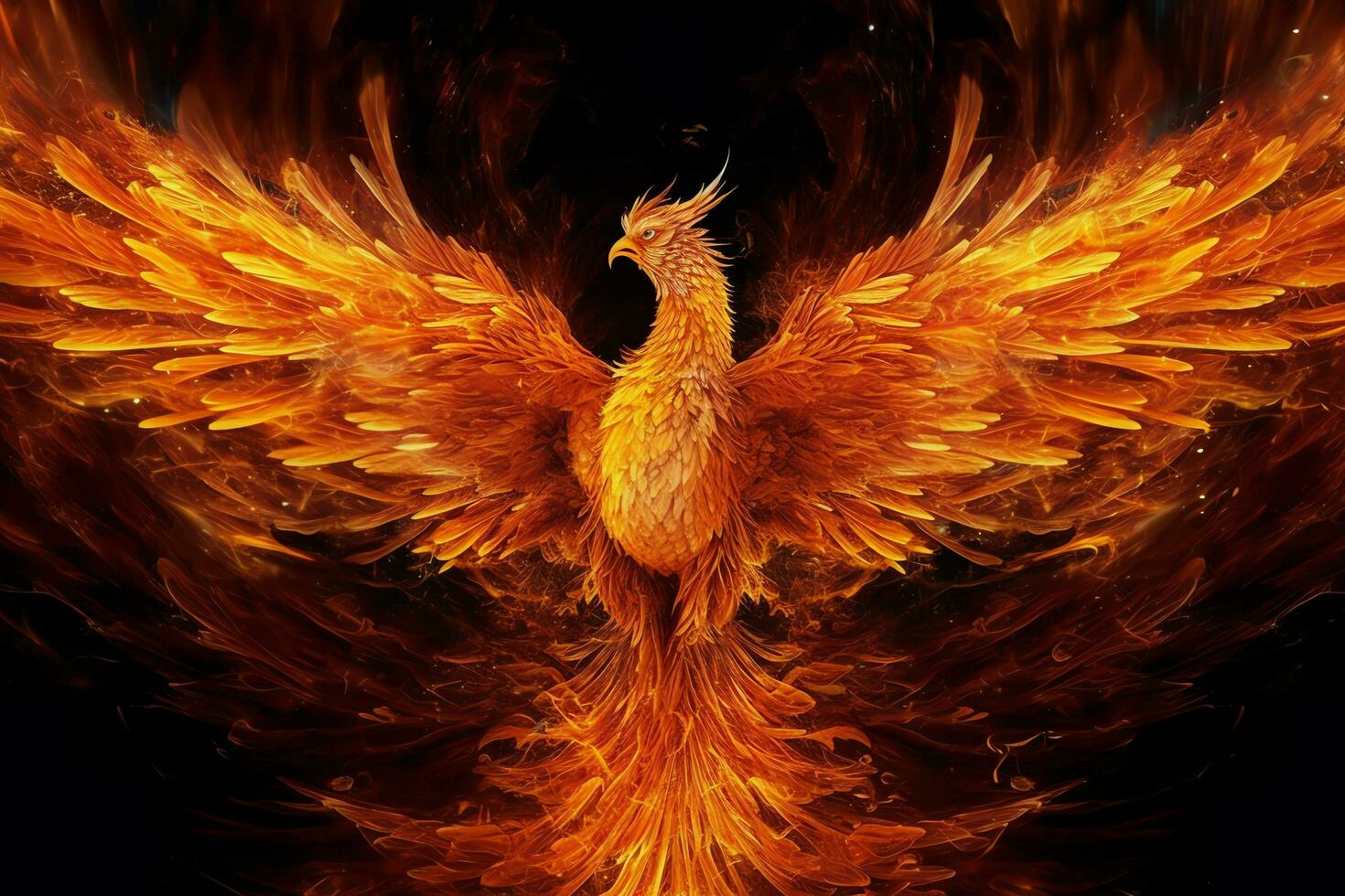 Phoenix bird with outstretched wings rising burning in flames. Epic phoenix bird fire rebirth power concept by AI Generated photo