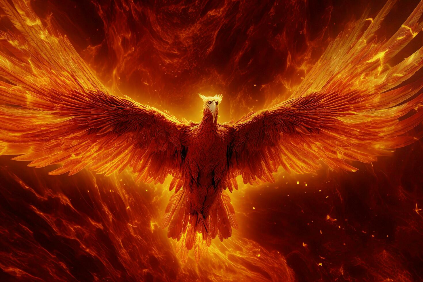 Phoenix bird with outstretched wings rising burning in flames. Epic phoenix bird fire rebirth power concept by AI Generated photo