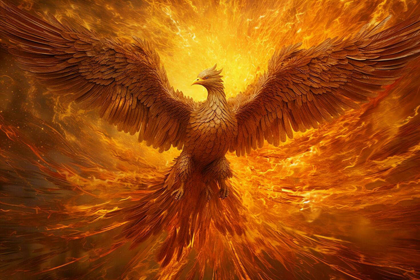 Phoenix bird with outstretched wings rising burning in flames. Epic phoenix bird fire rebirth power concept by AI Generated photo