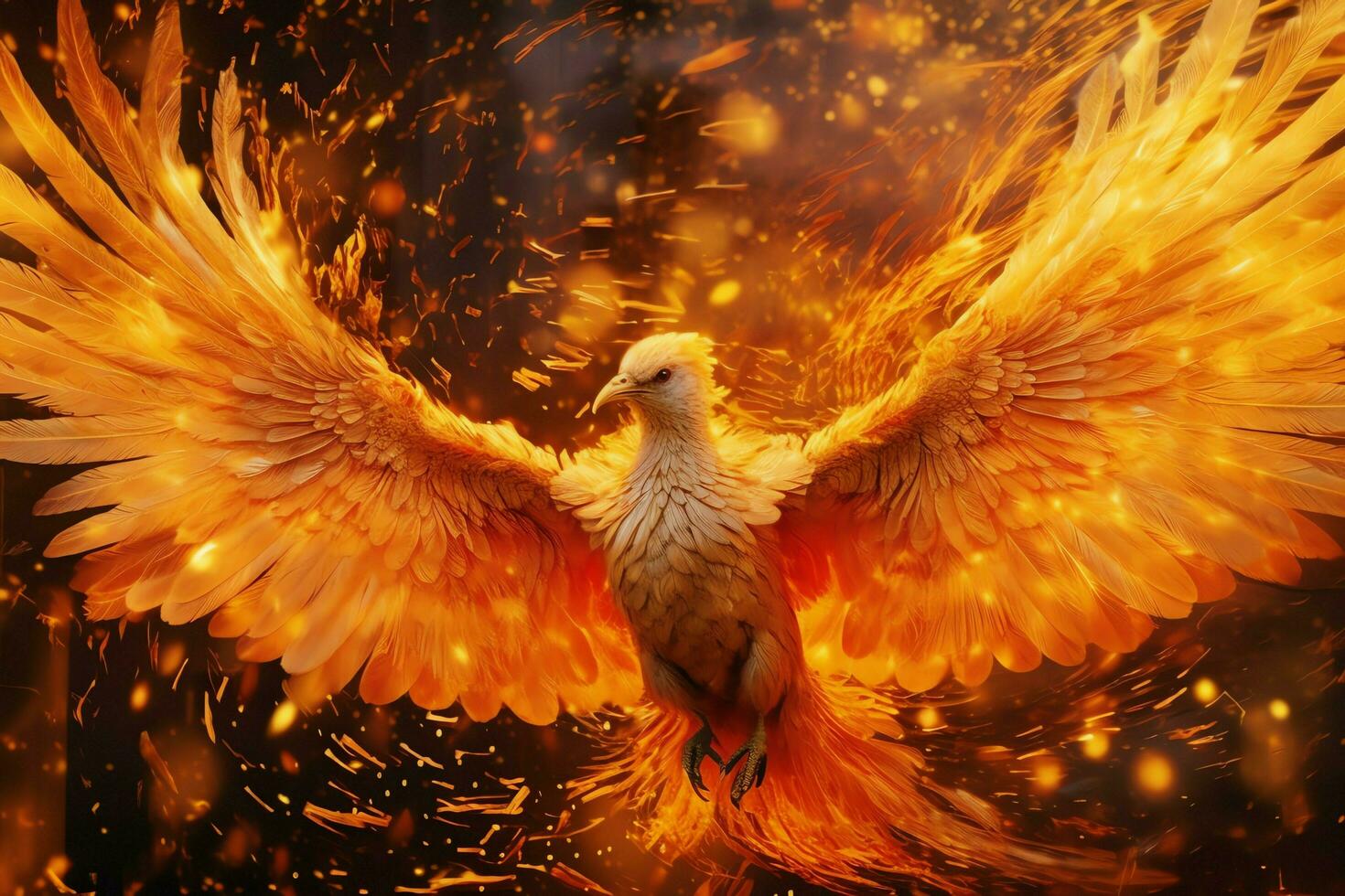 Phoenix bird with outstretched wings rising burning in flames. Epic phoenix bird fire rebirth power concept by AI Generated photo