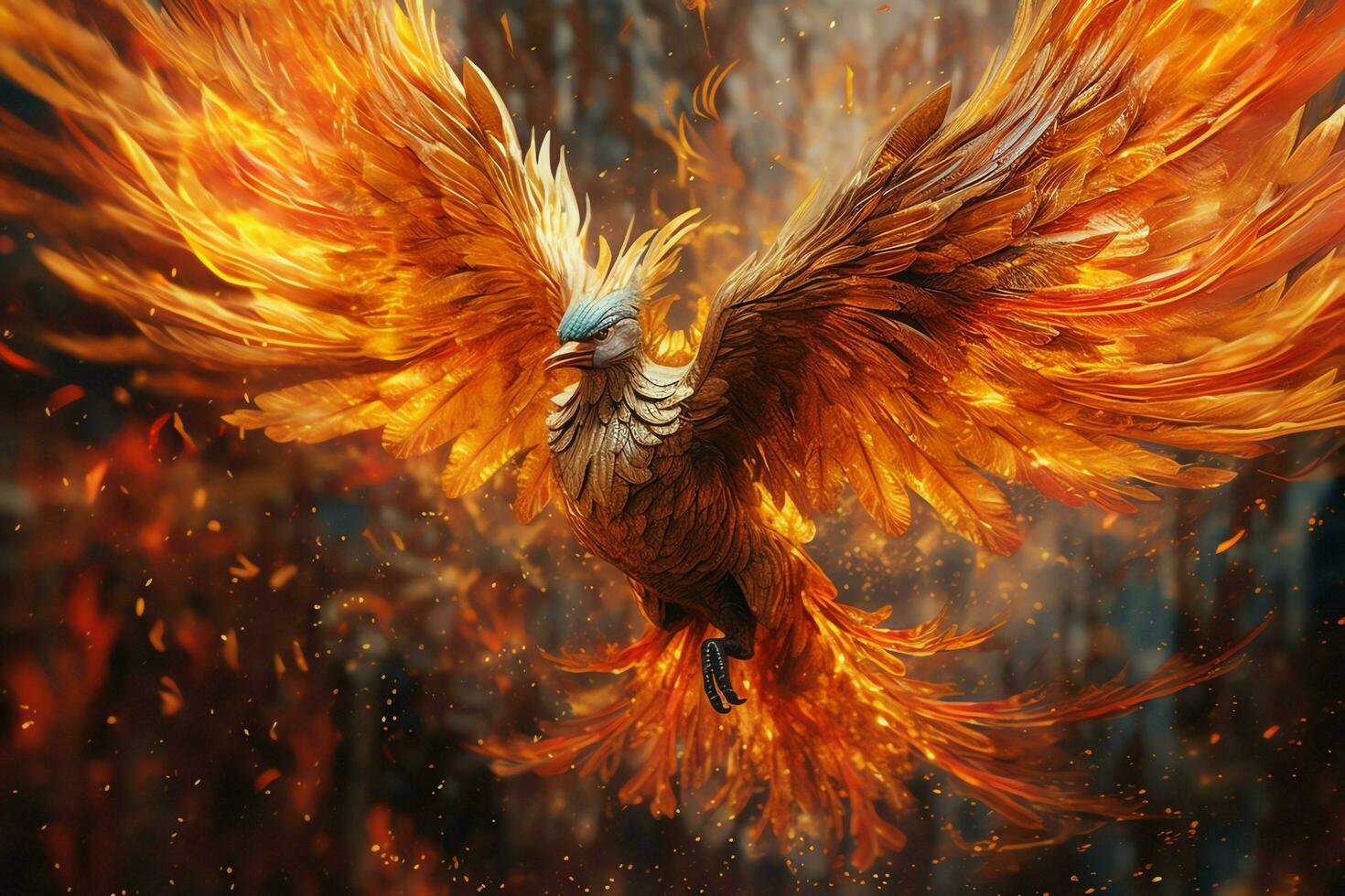 Phoenix bird with outstretched wings rising burning in flames. Epic phoenix bird fire rebirth power concept by AI Generated photo